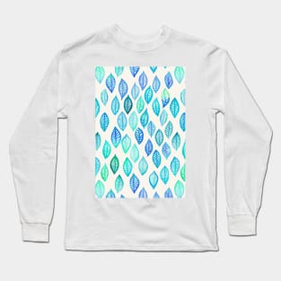 Watercolor Leaf Pattern in Blue & Turquoise Long Sleeve T-Shirt